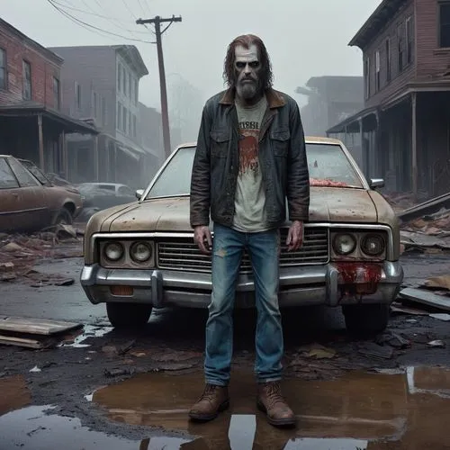 dead earth,post apocalyptic,district 9,junkyard,amc spirit,wasteland,post-apocalypse,walking dead,the walking dead,john doe,walker,junk yard,station wagon-station wagon,buick y-job,hag,thewalkingdead,fallout4,days of the dead,grunge,scrap dealer,Illustration,American Style,American Style 15