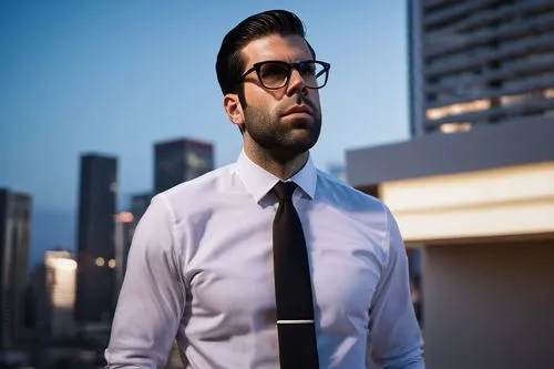 Zachary Quinto, male, 30s, mature, handsome, short hair, beard, glasses, suit, white shirt, black tie, architectural model, modern skyscraper, luxurious villa, urban cityscape, evening time, warm ligh