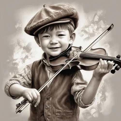 A gentle and spirited child, playing the violin with great emotion, wearing a brown vest with a flat CAP. Pencil drawing style, very precise in detail, very high quality, inceptual, virtual, soft-edge