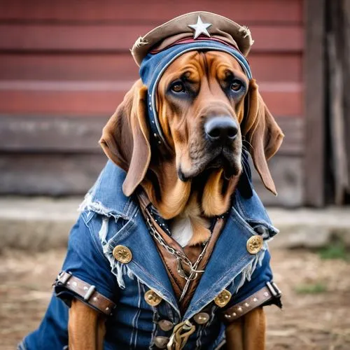 A bloodhound dog cosplaying as a hillbilly, dressed as a western outlaw in a rough tattered jacket wearing western outfit,bavarian mountain hound,beagador,coonhound,bloodhound,english coonhound,serbia