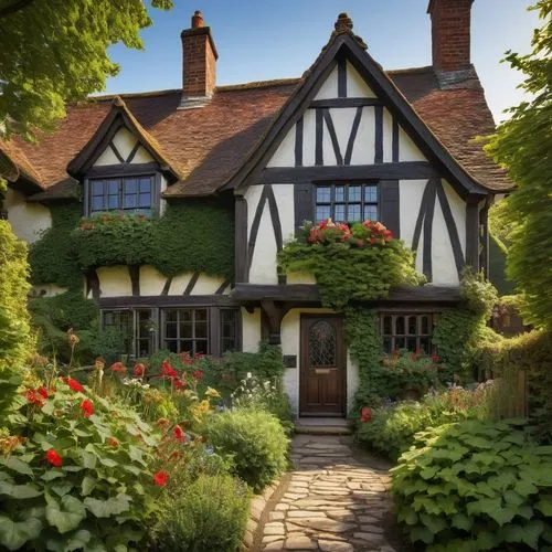 half timbered,victorian house,crooked house,half-timbered house,timbered,country cottage,edwardian,old victorian,tudor,timber framed building,weatherboarded,beautiful home,victorian style,victorian,country house,vicarage,oxshott,inglaterra,traditional house,knight house,Illustration,Realistic Fantasy,Realistic Fantasy 22