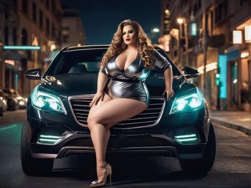 ssbbw, curvy, sexy, mature lady, long wavy hair, glamorous makeup, cleavage, waistline, shorts, high heels, posing, leaning on car door, shining car surface, metallic texture, city street, night scene