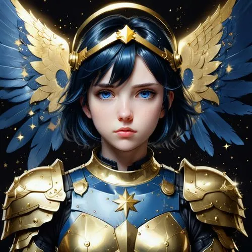 shimei,valkyrie,okuni,archangel,bellona,diana,seiya,eiko,kanno,saburo,seraph,goddess of justice,sekaric,baroque angel,satsuki,dark blue and gold,amano,seraphim,alita,golden crown,Conceptual Art,Fantasy,Fantasy 01