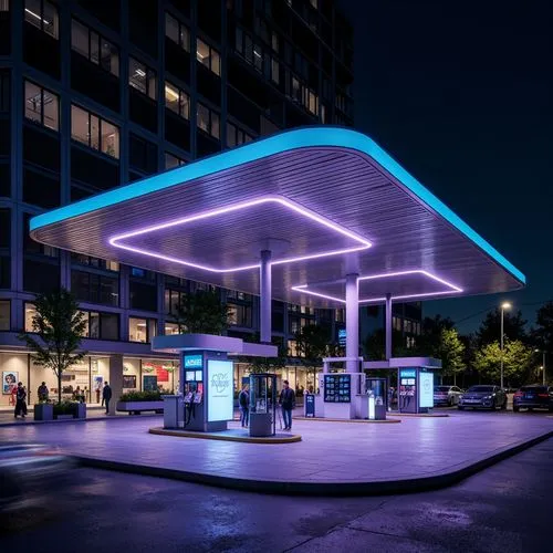 Futuristic gas station, sleek metal canopy, neon LED lights, dynamic color-changing effects, modern minimalist architecture, angular lines, reflective glass surfaces, high-gloss finishes, stainless st