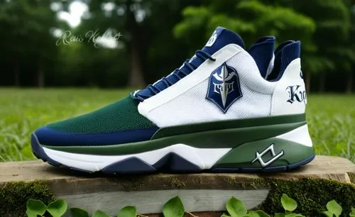 Mesh sneaker, two color sock collar, "knight helmet" logo, "KNIGHTS" gothic letters on back, logo on sole, all deep green with navy and white accent color scheme ,Team court shoe knights, navy/green,f