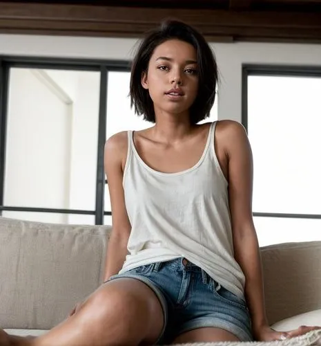 Relaxed young adult, lying down, casual posture, messy short hair, no glasses, natural makeup, plain white T-shirt, ripped denim shorts, bare feet, sprawled on a comfortable couch, soft cushions, cozy