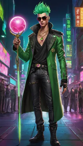 patrol,cyberpunk,scallion,streampunk,spike,game illustration,magenta,yukio,punk,wuhan''s virus,male character,katakuri,riddler,dodge warlock,joker,pink green,gangstar,cg artwork,melonpan,supervillain,Unique,Design,Character Design