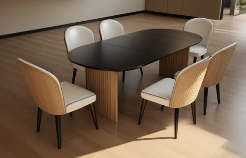 Renderizar y añadir accesorios de comedor, respetar las lineas de dibujo, espaldar y sentaderas son de color blanco marfil y las patas son negras igual que la mesa ,dining table,dining room table,conf