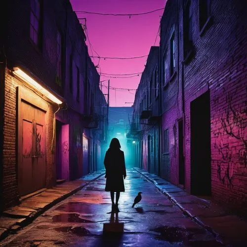 alley,alleyway,alleyways,girl walking away,neon lights,neon light,alleys,laneways,vivid sydney,ultraviolet,cyberpunk,electroluminescent,blind alley,neon ghosts,laneway,woman walking,ruelle,intense colours,sidestreet,colorful light,Illustration,Realistic Fantasy,Realistic Fantasy 18