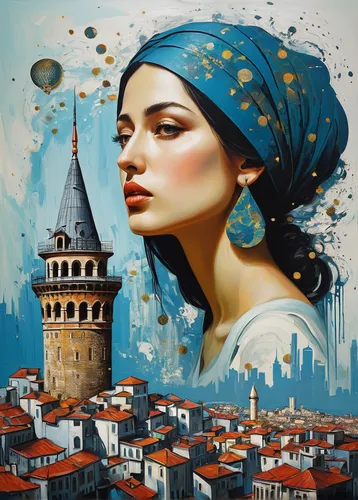 , a real cityscape (istanbul) where mythical creatures coexist with futuristic elements, a harmonious blend of the past and present and future, design in mind, galata tower, impasto brush strokes by v