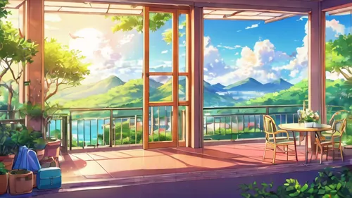 sunroom,summer evening,summer day,teahouse,scenery,summer background,idyllic,paradis,nouaimi,sky apartment,window sill,the scenery,sceneries,windows wallpaper,background design,dreamhouse,landscape background,beauty scene,tearoom,french digital background,Illustration,Japanese style,Japanese Style 03