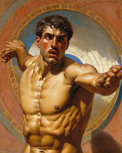 Describe the intense focus and determination on the face of the discobolus as he prepares to throw the discus.,greco-roman wrestling,perseus,pankration,apollo,caracalla,eros,orlovsky,sparta,vulcan,mus