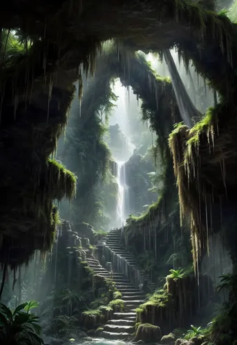 the mystical path,heaven gate,hiking path,ravine,fantasy landscape,elven forest,pathway,forest path,the path,hollow way,tunnel of plants,druid grove,greenforest,fantasy picture,devilwood,forest landsc