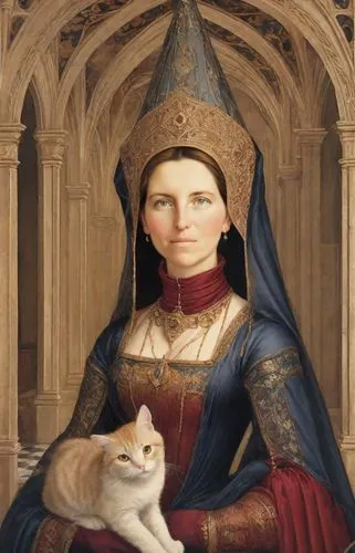 A fascinating medieval painting in the style of Pinturicchio, depicting a noble lady in the style of the Duchy of Burgundy of the 15th century Renaissance. On her head is attached a tall gothic cone "