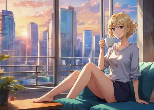 darjeeling,michiru,saber,honolulu,kaho,sunohara,blonde sits and reads the newspaper,citrus,mayapuri,mayuri,hayasaka,cityscape,mabi,sanya,violet evergarden,dusk background,dunois,sky apartment,jiarui,shinjuku,Illustration,Japanese style,Japanese Style 03