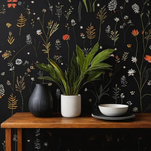 Create a mysterious vibe with a black background wallpaper,botanical print,japanese floral background,floral background,flower wall en,chalkboard background,flower painting,plants in pots,floral digit