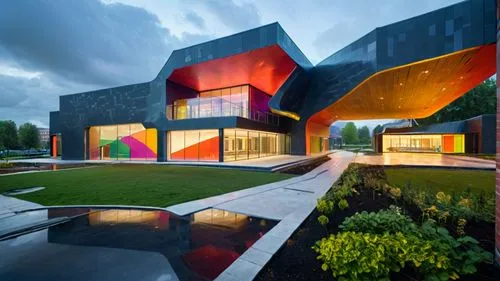 The overall composition is balanced, with the performing arts center as the central focus.
The combination of modern architectural elements, warm lighting, vibrant colors and human activity creates an