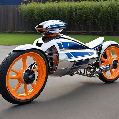 (((In the style of Star Wars))), a wheelless hoverbike that's 80% highly polished titanium with orange and blue trim. Detail:1.2,trike,electric motorcycle,3 wheeler,trikes,super bike,motor scooter,tri