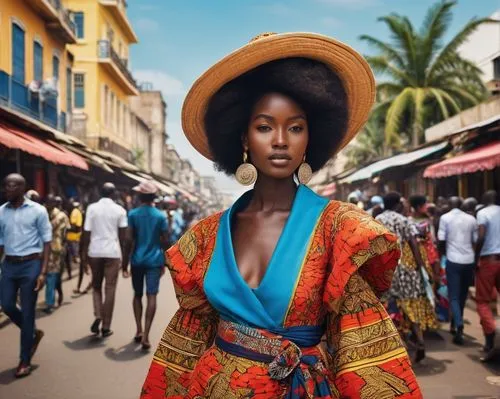 Lagos cityscape, modern skyscrapers, busy streets, crowded marketplaces, African cultural elements, vibrant colors, traditional clothing, Afro hair, dark skin tone, warm sunny weather, bright blue sky