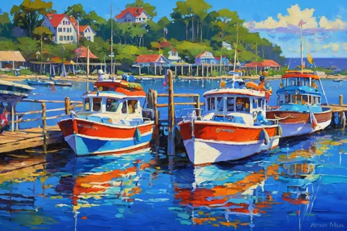 Boats Painting - South Shore Marina by Anthony Sell,fishing boats,boats in the port,small boats on sea,boats,wooden boats,boat harbor,boat landscape,row boats,fishing village,harbor,sailboats,harbour,