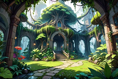 elven forest,druid grove,enchanted forest,fairy forest,mushroom landscape,holy forest,dandelion hall,greenforest,forest glade,fairytale forest,the forest,garden of eden,fairy village,devilwood,cartoon forest,fairy world,the forests,cartoon video game background,rainforest,green forest,Anime,Anime,General