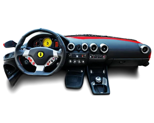 Red Ferrari sports car, luxurious interior, sleek design, shiny metallic paint, black leather seats, steering wheel, dashboard, speedometer, bright headlights, polished alloy wheels, racing stripes, d