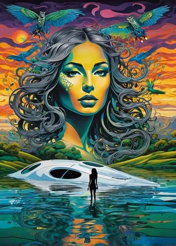 psychedelic art,andromeda,siren,acid lake,girl on the boat,adrift,el salvador dali,infiniti,phoenix boat,trip computer,girl with a dolphin,the vessel,dali,shamanic,tour to the sirens,continental,aquarius,traveller,girl on the river,utopian,Illustration,Vector,Vector 21