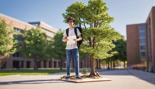 University campus, 1st-year architecture students, solo, standing, holding blueprint, wearing black-framed glasses, messy brown hair, casual wear, jeans, white T-shirt, sneakers, backpack, architectur