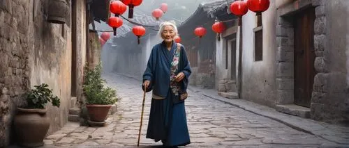 Dali ancient town, old lady, traditional clothing, white hair, wrinkles, gentle smile, wooden cane, flowers in her hair, walking, stone streets, old architecture, lanterns, misty atmosphere, morning s