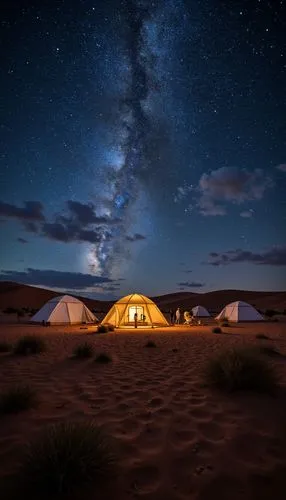 A desert camp in Sahara, tents stitched with starlight.,an image of the night sky with stars above the tent,gobi desert,the gobi desert,libyan desert,liwa,namib desert,merzouga