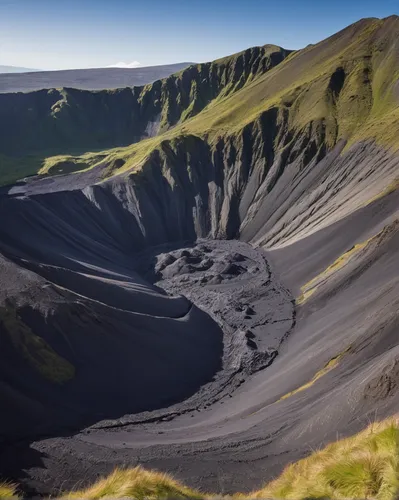 Explain the formation of a volcanic landscape with scientific accuracy.,volcanic crater,volcanic landform,volcanic landscape,crater rim,smoking crater,volcanic field,eastern iceland,the volcanic cone,