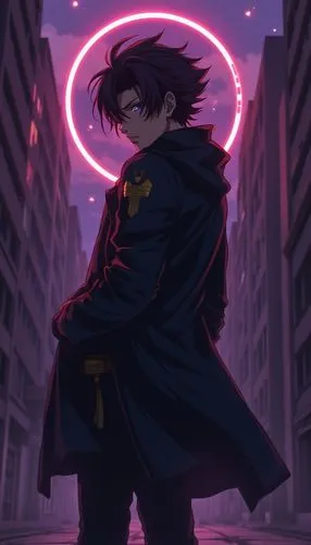 an anime character in a dark street looking back,guren,akira,mamoru,kurogane,masaji,teito