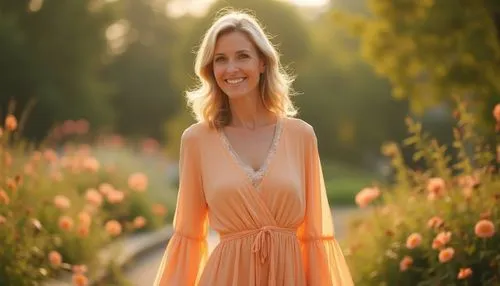 Apricot-colored dress, flowing maxi style, V-neck, long sleeves, waist tie, delicate lace trim, elegant mature lady, standing, gentle smile, wavy blonde hair, subtle makeup, soft focus, warm lighting,