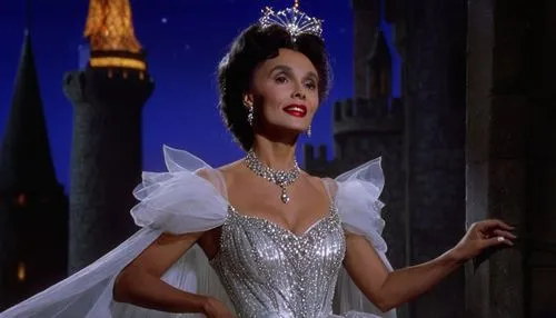 Lena Horne as Glinda, beautiful witch, sparkling tiara, curly blonde hair, bright red lips, shimmering silver eyeshadow, delicate fingers, flowing white gown, golden belt, subtle sparkle, gentle smile