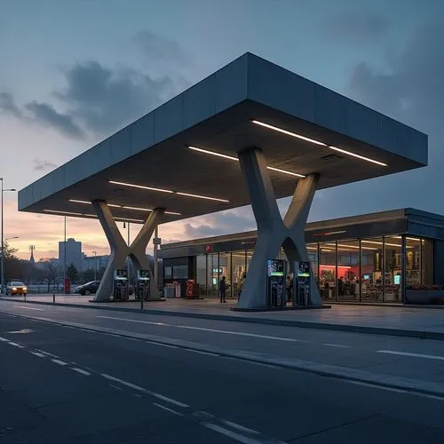 Modern gas station, structuralist architecture, minimalist, angular lines, steel beams, concrete walls, glass facade, futuristic LED lights, neon signs, pumps with digital screens, sleek black and sil