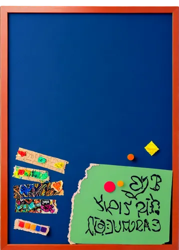 Bulletin board, wooden frame, cork surface, multicolored push pins, various papers pinned up, bold font titles, colorful markers, ripped paper edges, creased surfaces, soft box lighting, 3/4 compositi