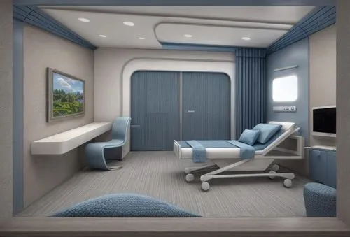 rotate the room 20 degrees, camera facing the picture on the wall, minimalistic therapy room, modern, sleek, shades of blue,train compartment,railway carriage,sickbay,unit compartment car,treatment ro