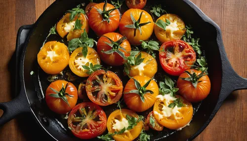 Orange, red and yellow roasted tomatoes garnished with cheese and herbs in a cast-iron skillet.,vegetable pan,caprese salad,caprese,sheet pan,insalata caprese,cast iron skillet,stuffed peppers,roma to