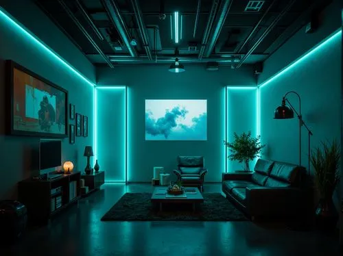 Moody dark cyan walls, mysterious ambiance, futuristic neon lights, metallic accents, high-tech gadgets, sleek modern furniture, minimalist decor, abstract digital art, atmospheric mist, dramatic shad