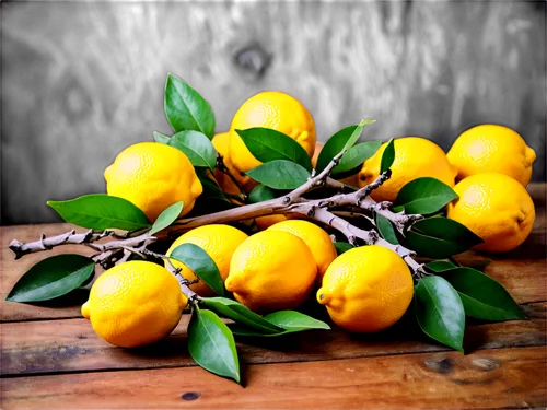 Lemons, citrus fruits, yellow skin, juicy pulp, green leaves, twisted branches, wooden table, rustic texture, shallow depth of field, warm natural light, 3/4 composition, slight blur effect.,lemon bac