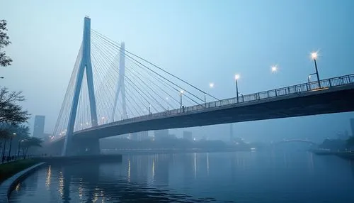 Modern Azure blue suspension bridge, sleek, minimalist, futuristic design, silver metallic structure, intricate cables, subtle LED lighting, misty morning atmosphere, cityscape background, gentle rive