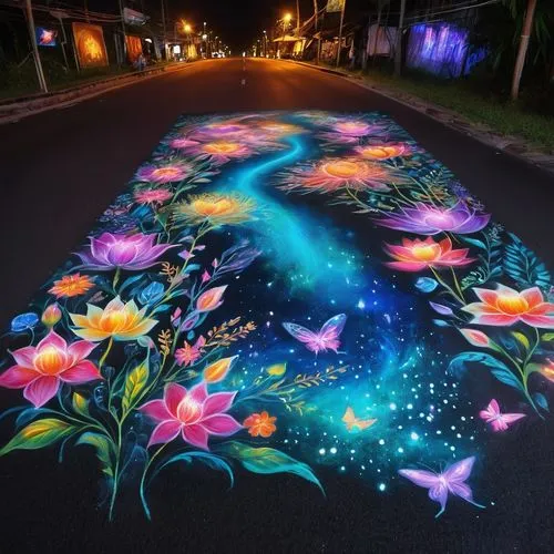 chalk drawing,cosmic flower,street chalk,fairy galaxy,floral rangoli,flower carpet,light paint,flower art,flower painting,glow in the dark paint,spray paint,colorful stars,light graffiti,drawing with light,light art,glitter trail,flowers celestial,magic star flower,graffiti art,sidewalk,Illustration,Realistic Fantasy,Realistic Fantasy 37