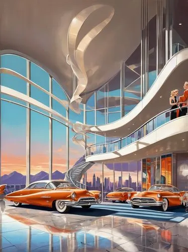 jetsons,futuristic art museum,tailfins,car dealership,car showroom,futuristic landscape,retro diner,dealership,futuristic architecture,drive in restaurant,1959 buick,car dealer,midcentury,cinerama,autopia,dealerships,jupiters,art deco,mid century modern,tail fins,Illustration,Retro,Retro 12