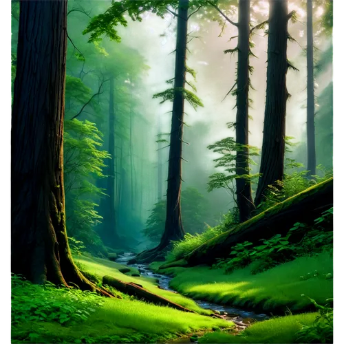 Secluded forest, misty atmosphere, twinkling fireflies, soft grass, vibrant green leaves, ancient tree trunks, gentle streams, subtle waterfall sounds, morning dew, warm sunlight filtering through tre