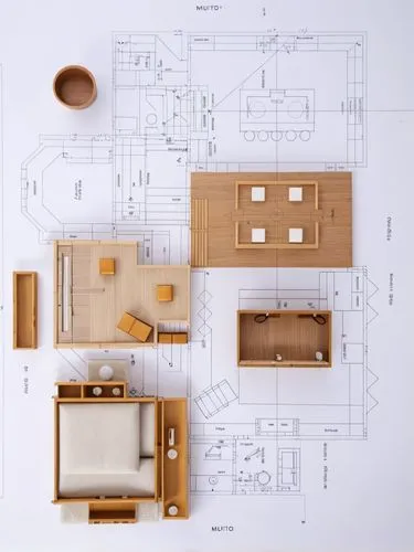 Ein Architekurmodell auf dem Schreibtisch eines Architekten,an overhead view of plans and furniture from above,floorplans,floorplan home,architect plan,house floorplan,floorplan,floor plan,Photography