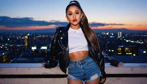 sweetener,billboard,jeans background,concrete background,denim background,on the roof,edit icon,queen,city lights,rooftop,confident,icon instagram,leather jacket,ny,red lips,red lipstick,ponytail,spotify icon,bandana background,denim jacket,Photography,Documentary Photography,Documentary Photography 37