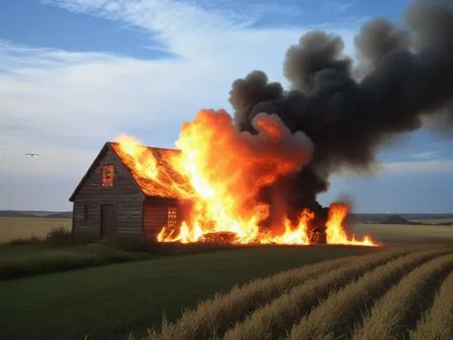 ретро, готика,a fire blazing on a barn in a field,burning house,house fire,the house is on fire,the conflagration,house insurance,burned down