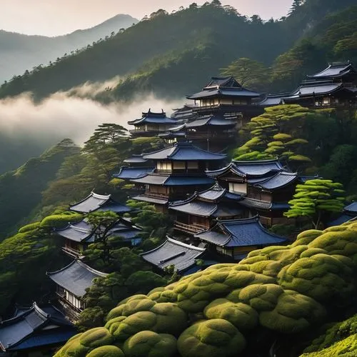 japan landscape,japon,beautiful japan,japanese mountains,teahouses,south korea,terraced,magome,goryeo,asian architecture,gion,wudang,japans,green landscape,mountain village,mountainous landscape,dongbuyeo,kyoto,moufang,corea,Illustration,Realistic Fantasy,Realistic Fantasy 37