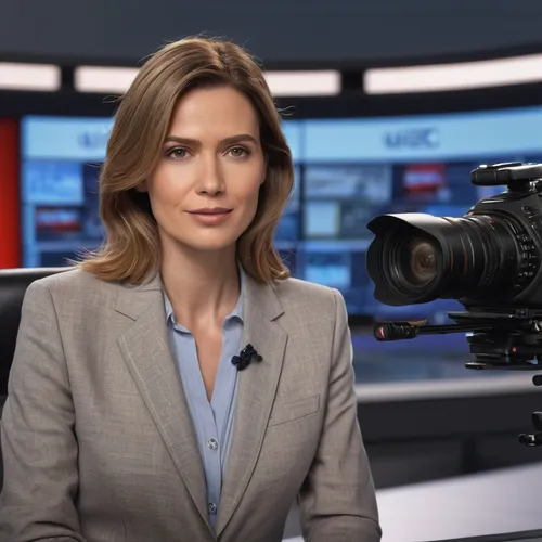 Woman journalist in news studio,tv reporter,newsreader,journalist,newscaster,television presenter,camera operator,cameraman,tagesschau,media,news media,videokonferenz,al jazeera,cameras,cameras & opti