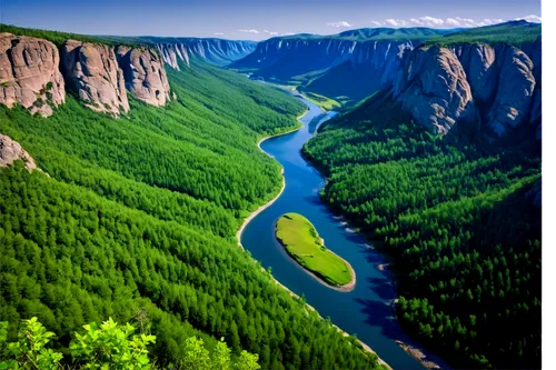 Mountain landscape, sunny day, clear blue sky, fluffy white clouds, green trees, rugged rocks, winding river, serene atmosphere, panoramic view, wide-angle lens, vibrant colors, high dynamic range, na